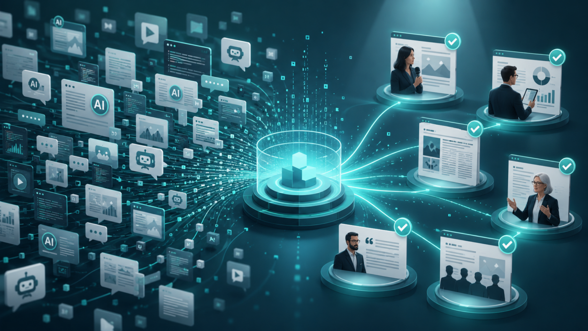 Abstract AI network with trusted media sources validating a brand’s authority and credibility.