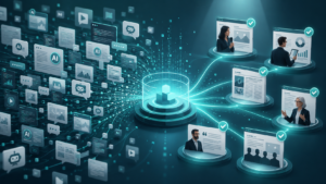 Abstract AI network with trusted media sources validating a brand’s authority and credibility.